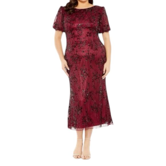 Mac Duggal Size 20 WBurgundy Puff Sleeve Beaded Fairy Cocktail MIDI Holiday $598 - Picture 3 of 8
